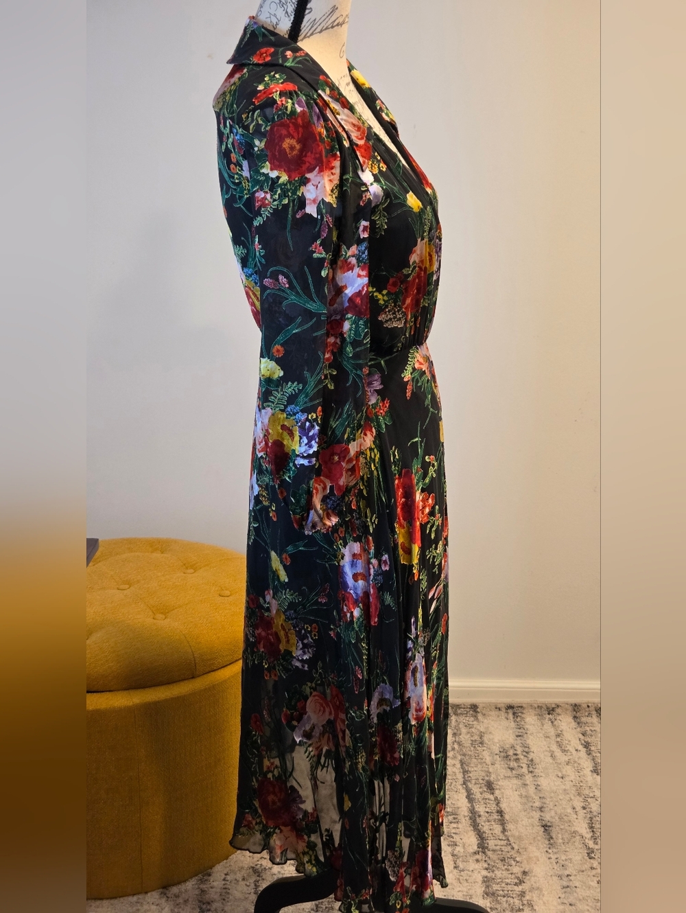 Alice + Olivia Black Floral Wrap Midi Dress with Red & Green Accents, Size 4. - Picture 6 of 16